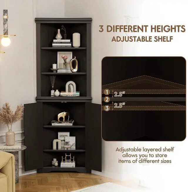 Alt view image 4 of 7 - Corner Cabinet, Freestanding Corner Shelf with 2 Doors and 3 Shelves, Bathroom Corner Storage Cabinet for Bathroom, Living Room, Kitchen (Espresso)