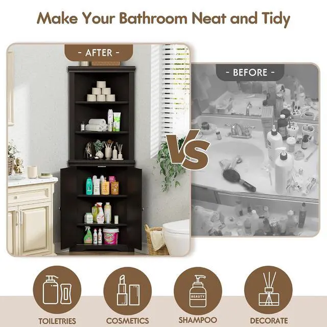 Alt view image 7 of 7 - Corner Cabinet, Freestanding Corner Shelf with 2 Doors and 3 Shelves, Bathroom Corner Storage Cabinet for Bathroom, Living Room, Kitchen (Espresso)