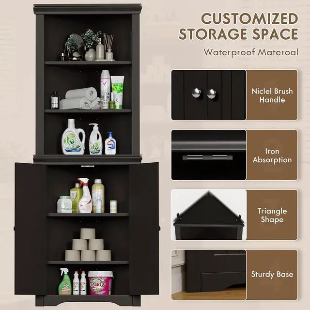 Alt view image 5 of 7 - Corner Cabinet, Freestanding Corner Shelf with 2 Doors and 3 Shelves, Bathroom Corner Storage Cabinet for Bathroom, Living Room, Kitchen (Espresso)