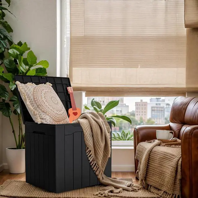Alt view image 3 of 7 - 30 Gallon Small Deck Box Outdoor Waterproof Resin Storage Box Lockable Storage Container Outside Package Delivery Box (Black)