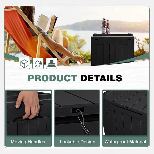 Alt view image 4 of 7 - 30 Gallon Small Deck Box Outdoor Waterproof Resin Storage Box Lockable Storage Container Outside Package Delivery Box (Black)