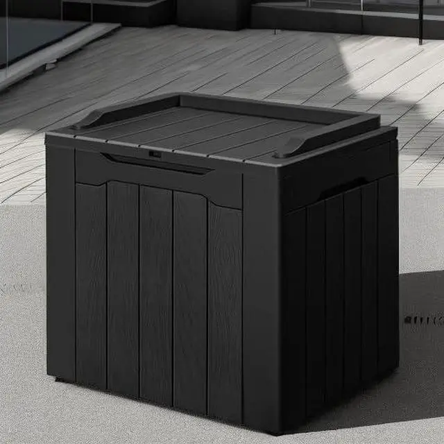 Alt view image 5 of 7 - 30 Gallon Small Deck Box Outdoor Waterproof Resin Storage Box Lockable Storage Container Outside Package Delivery Box (Black)