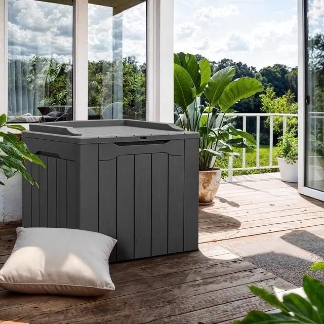 Alt view image 3 of 7 - 30 Gallon Small Deck Box Outdoor Waterproof Resin Storage Box Lockable Storage Container Outside Package Delivery Box (Gray)