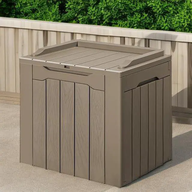 Alt view image 5 of 7 - 30 Gallon Small Deck Box Outdoor Waterproof Resin Storage Box Lockable Storage Container Outside Package Delivery Box (Beige)