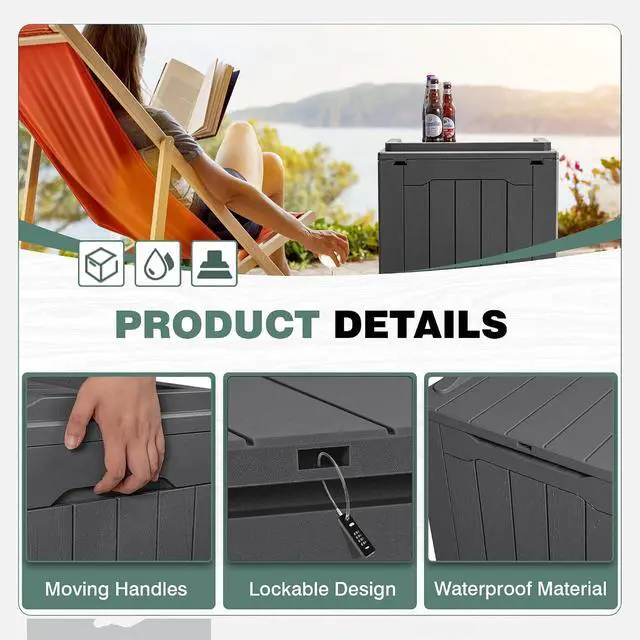 Alt view image 4 of 7 - 30 Gallon Small Deck Box Outdoor Waterproof Resin Storage Box Lockable Storage Container Outside Package Delivery Box (Gray)