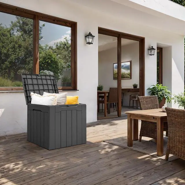 Alt view image 7 of 7 - 30 Gallon Small Deck Box Outdoor Waterproof Resin Storage Box Lockable Storage Container Outside Package Delivery Box (Gray)