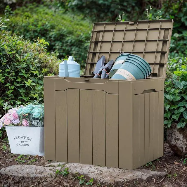 Alt view image 4 of 7 - 30 Gallon Small Deck Box Outdoor Waterproof Resin Storage Box Lockable Storage Container Outside Package Delivery Box (Beige)