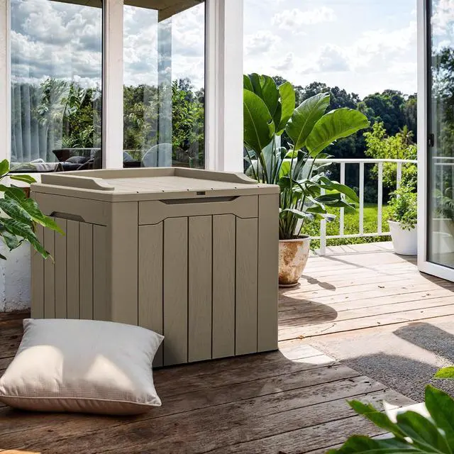 Alt view image 3 of 7 - 30 Gallon Small Deck Box Outdoor Waterproof Resin Storage Box Lockable Storage Container Outside Package Delivery Box (Beige)