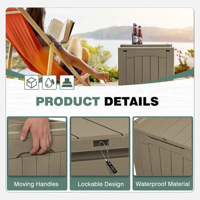 Alt view image 2 of 7 - 30 Gallon Small Deck Box Outdoor Waterproof Resin Storage Box Lockable Storage Container Outside Package Delivery Box (Beige)