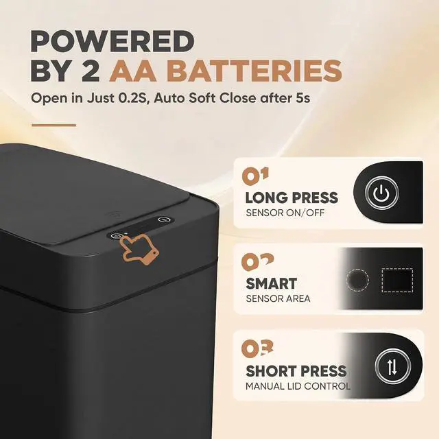 Alt view image 2 of 7 - 2.5 Gal Bathroom Trash Cans with Lid, Touchless Motion Sensor Small Smart Wastebaskets 2 Pack, Waterproof Plastic Garbage Cans for Office, Kitchen (2, Black)