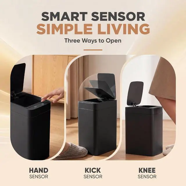 Alt view image 4 of 7 - 2.5 Gal Bathroom Trash Cans with Lid, Touchless Motion Sensor Small Smart Wastebaskets 2 Pack, Waterproof Plastic Garbage Cans for Office, Kitchen (2, Black)