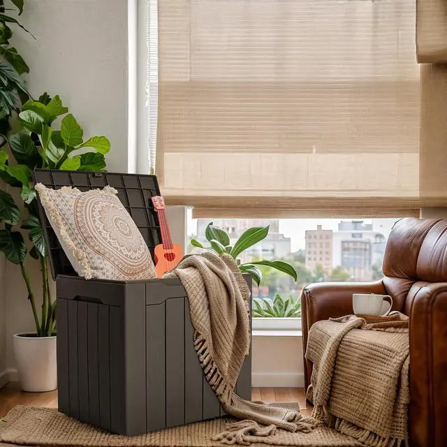 Alt view image 3 of 7 - 30 Gallon Small Deck Box Outdoor Waterproof Resin Storage Box Lockable Storage Container Outside Package Delivery (Brown)