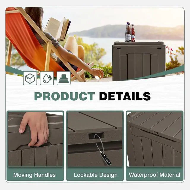 Alt view image 6 of 7 - 30 Gallon Small Deck Box Outdoor Waterproof Resin Storage Box Lockable Storage Container Outside Package Delivery (Brown)