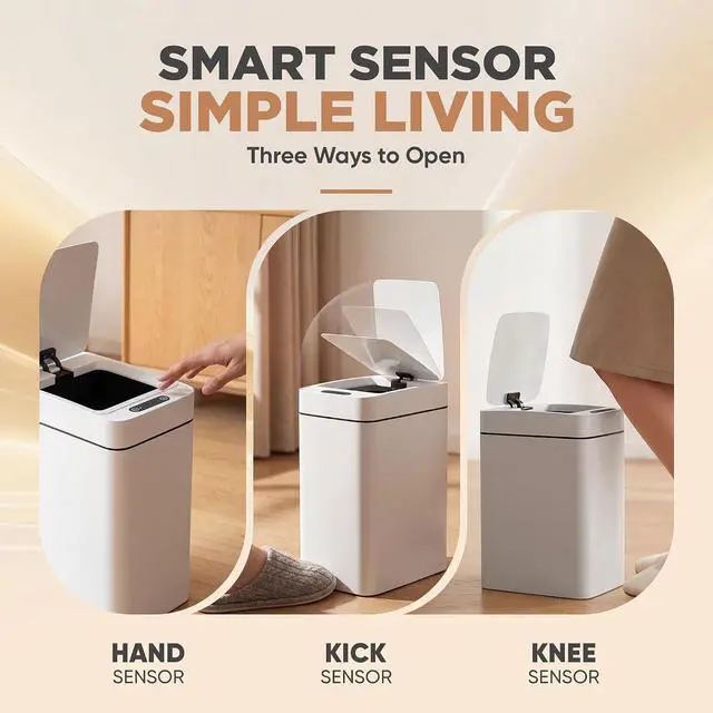 Alt view image 4 of 7 - 2.5 Gal Bathroom Trash Cans with Lid, Touchless Motion Sensor Small Smart Wastebaskets 2 Pack, Waterproof Plastic Garbage Cans for Office, Kitchen (2, White)