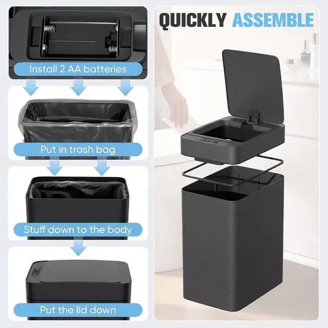 Alt view image 2 of 7 - 2.5 Gal Bathroom Trash Cans with Lid Set of 2, Small Smart Wastebaskets, Motion Sensor, Waterproof Plastic Trash Bins for Office, Kitchen, Office (2, Black)