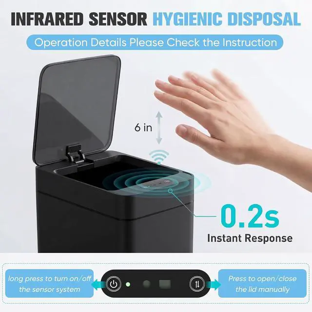 Alt view image 4 of 7 - 2.5 Gal Bathroom Trash Cans with Lid Set of 2, Small Smart Wastebaskets, Motion Sensor, Waterproof Plastic Trash Bins for Office, Kitchen, Office (2, Black)