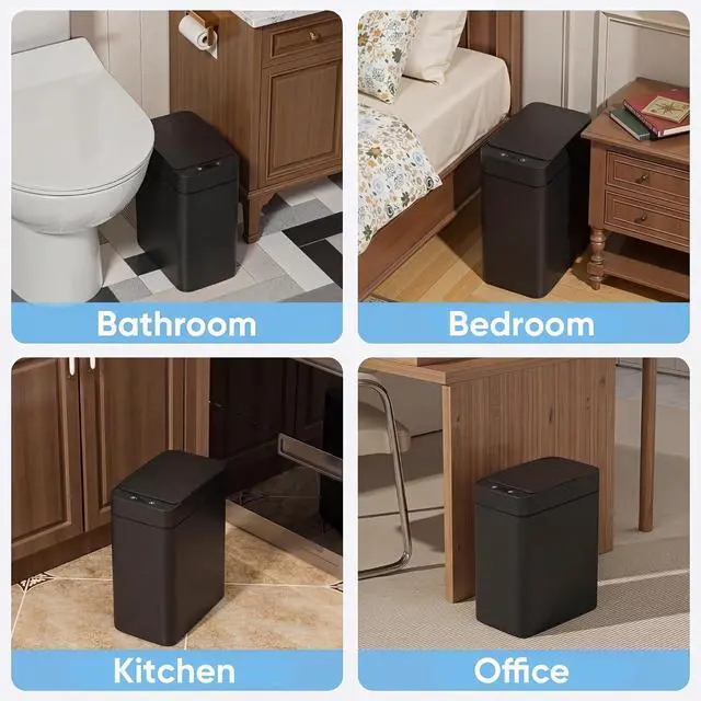 Alt view image 5 of 7 - 2.5 Gal Bathroom Trash Cans with Lid Set of 2, Small Smart Wastebaskets, Motion Sensor, Waterproof Plastic Trash Bins for Office, Kitchen, Office (2, Black)