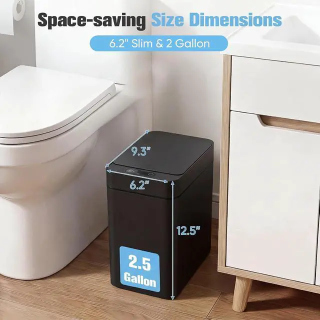Alt view image 7 of 7 - 2.5 Gal Bathroom Trash Cans with Lid Set of 2, Small Smart Wastebaskets, Motion Sensor, Waterproof Plastic Trash Bins for Office, Kitchen, Office (2, Black)