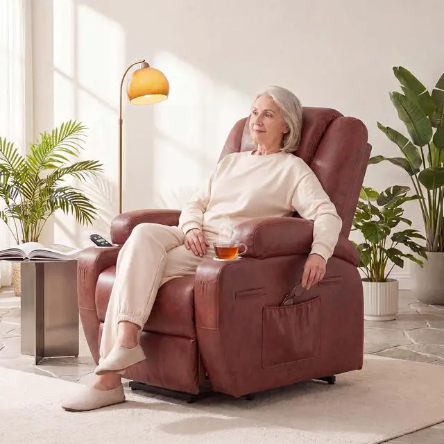 Alt view image 3 of 7 - Power Lift Recliner Chair for Elderly (Leathaire, Light Brown) | Recliner Chair Massage Ergonomic Lift Chair Cup Holders for Living Room