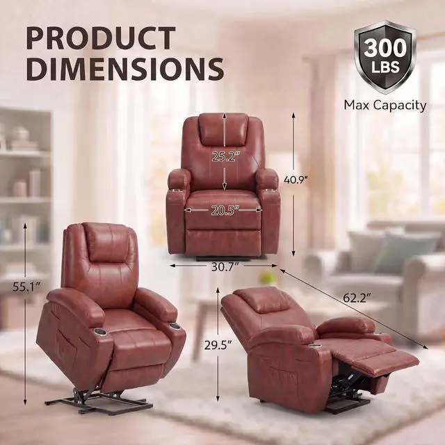 Alt view image 2 of 7 - Power Lift Recliner Chair for Elderly (Leathaire, Light Brown) | Recliner Chair Massage Ergonomic Lift Chair Cup Holders for Living Room