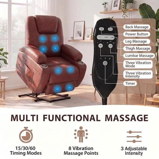 Alt view image 4 of 7 - Power Lift Recliner Chair for Elderly (Leathaire, Light Brown) | Recliner Chair Massage Ergonomic Lift Chair Cup Holders for Living Room