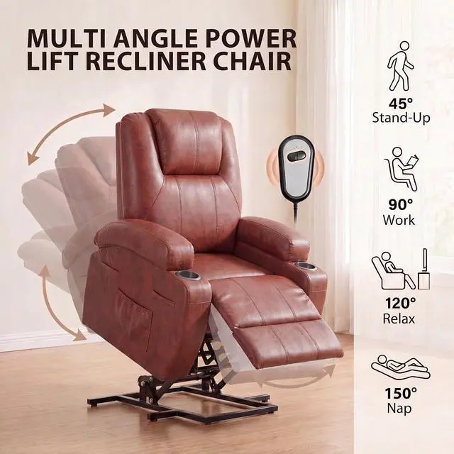 Alt view image 5 of 7 - Power Lift Recliner Chair for Elderly (Leathaire, Light Brown) | Recliner Chair Massage Ergonomic Lift Chair Cup Holders for Living Room