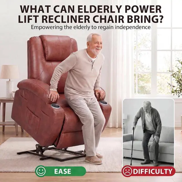 Alt view image 6 of 7 - Power Lift Recliner Chair for Elderly (Leathaire, Light Brown) | Recliner Chair Massage Ergonomic Lift Chair Cup Holders for Living Room