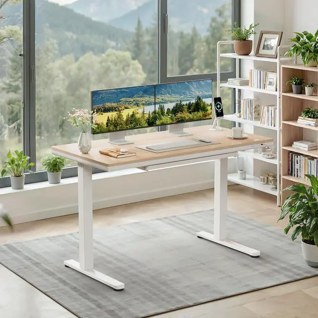 Alt view image 2 of 7 - Electric Standing Desk with Drawers, Adjustable Height Sit Stand Desk with One-Piece Desktop & USB Charging Port for Home Office Computer Desks (Bamboo Desktop, 48 Inch)