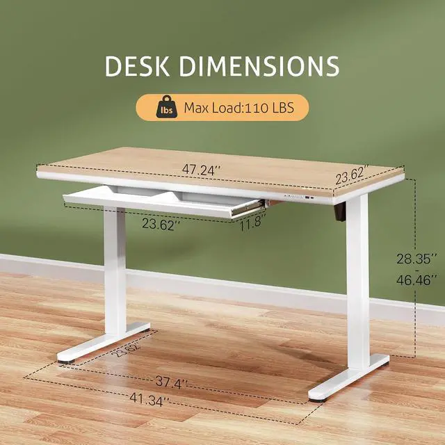 Alt view image 3 of 7 - Electric Standing Desk with Drawers, Adjustable Height Sit Stand Desk with One-Piece Desktop & USB Charging Port for Home Office Computer Desks (Bamboo Desktop, 48 Inch)