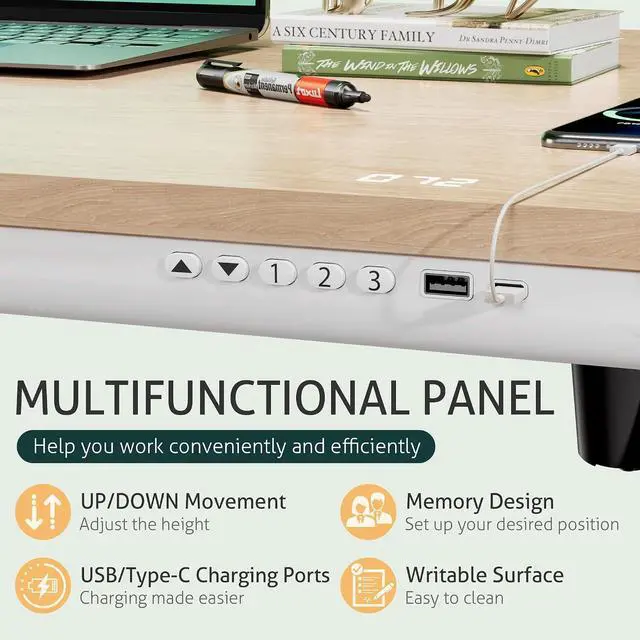Alt view image 6 of 7 - Electric Standing Desk with Drawers, Adjustable Height Sit Stand Desk with One-Piece Desktop & USB Charging Port for Home Office Computer Desks (Bamboo Desktop, 48 Inch)