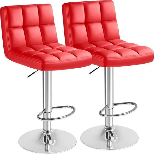 Main image of Bar Stools Modern Pu Leather Swivel Adjustable Hydraulic Bar Stool Square Counter Height Stool Set of 2 (Red)
