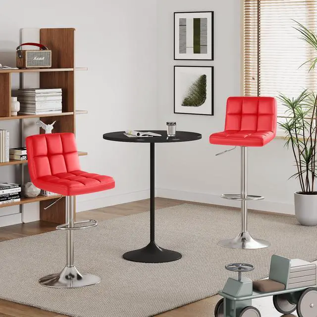 Alt view image 2 of 7 - Bar Stools Modern Pu Leather Swivel Adjustable Hydraulic Bar Stool Square Counter Height Stool Set of 2 (Red)