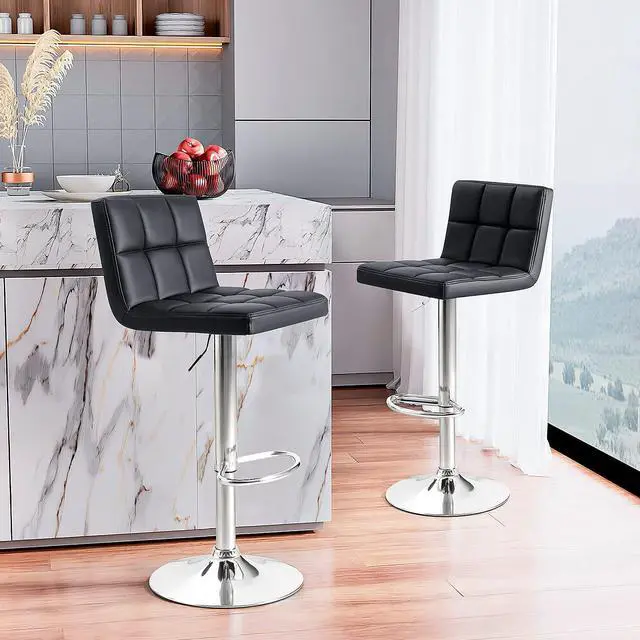 Alt view image 2 of 7 - Bar Stools Modern PU Leather Adjustable Barstools with Back Armless Hydraulic Kitchen Counter Height Swivel Bar Stool Set of 2 (Black)