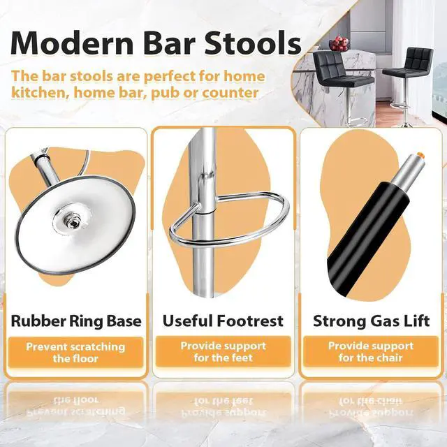 Alt view image 4 of 7 - Bar Stools Modern PU Leather Adjustable Barstools with Back Armless Hydraulic Kitchen Counter Height Swivel Bar Stool Set of 2 (Black)
