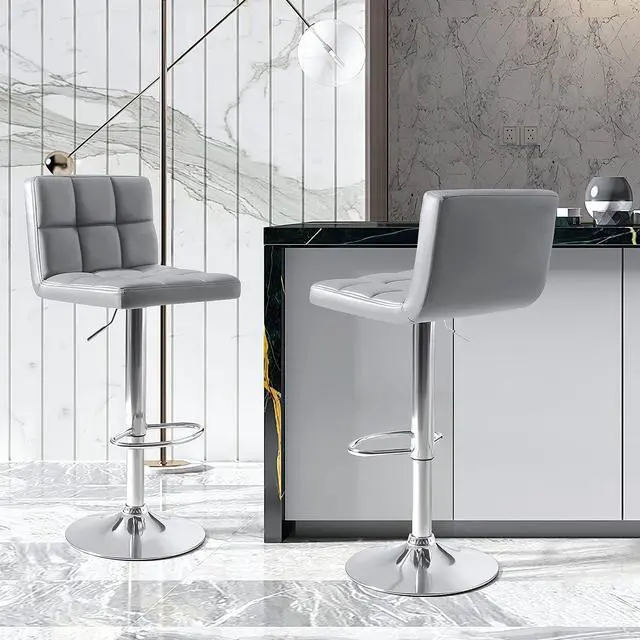 Alt view image 7 of 7 - Bar Stools Modern PU Leather Adjustable Barstools with Back Armless Hydraulic Kitchen Counter Height Swivel Bar Stool Set of 2 (Gray)