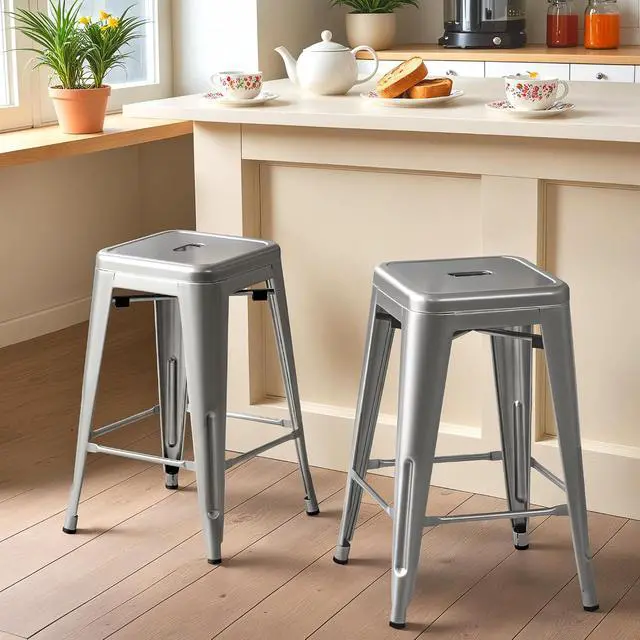 Alt view image 2 of 7 - 24 Inch Metal Bar Stools Set of 4, Counter Height Bar Stools Height High Backless Stools Industrial Stackable Bar Chairs for Dining Room Kitchen Indoor Outdoor Stools Bar Chairs (Sliver)