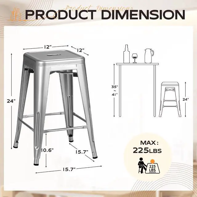 Alt view image 3 of 7 - 24 Inch Metal Bar Stools Set of 4, Counter Height Bar Stools Height High Backless Stools Industrial Stackable Bar Chairs for Dining Room Kitchen Indoor Outdoor Stools Bar Chairs (Sliver)