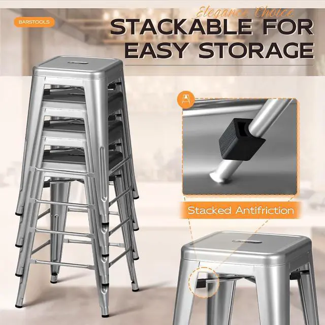 Alt view image 5 of 7 - 24 Inch Metal Bar Stools Set of 4, Counter Height Bar Stools Height High Backless Stools Industrial Stackable Bar Chairs for Dining Room Kitchen Indoor Outdoor Stools Bar Chairs (Sliver)