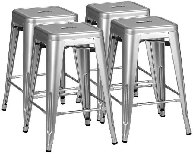 Main image of 24 Inch Metal Bar Stools Set of 4, Counter Height Bar Stools Height High Backless Stools Industrial Stackable Bar Chairs for Dining Room Kitchen Indoor Outdoor Stools Bar Chairs (Sliver)