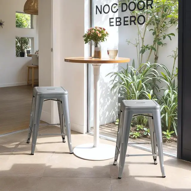 Alt view image 7 of 7 - 24 Inch Metal Bar Stools Set of 4, Counter Height Bar Stools Height High Backless Stools Industrial Stackable Bar Chairs for Dining Room Kitchen Indoor Outdoor Stools Bar Chairs (Sliver)