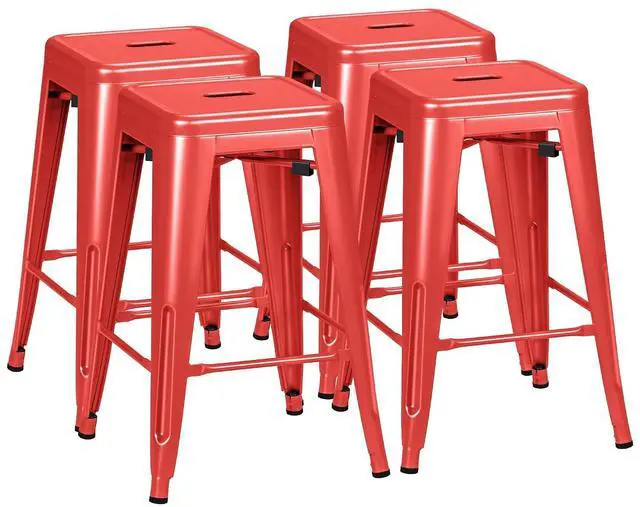 Main image of 24 Inch Metal Bar Stools Set of 4, Counter Height Bar Stools Height High Backless Stools Industrial Stackable Bar Chairs for Dining Room Kitchen Indoor Outdoor Stools Bar Chairs (Red)