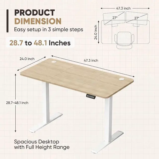 Alt view image 3 of 7 - Electric Height Adjustable Standing Desk Large 48 x 24 Inches Sit Stand up Desk Home Office Computer Desk Memory Preset with T-Shaped Metal Bracket, Wood