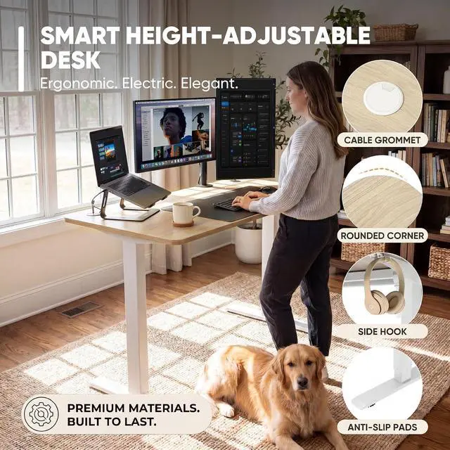 Alt view image 5 of 7 - Electric Height Adjustable Standing Desk Large 48 x 24 Inches Sit Stand up Desk Home Office Computer Desk Memory Preset with T-Shaped Metal Bracket, Wood