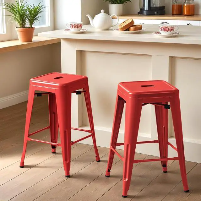 Alt view image 2 of 7 - 24 Inch Metal Bar Stools Set of 4, Counter Height Bar Stools Height High Backless Stools Industrial Stackable Bar Chairs for Dining Room Kitchen Indoor Outdoor Stools Bar Chairs (Red)