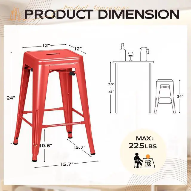 Alt view image 3 of 7 - 24 Inch Metal Bar Stools Set of 4, Counter Height Bar Stools Height High Backless Stools Industrial Stackable Bar Chairs for Dining Room Kitchen Indoor Outdoor Stools Bar Chairs (Red)