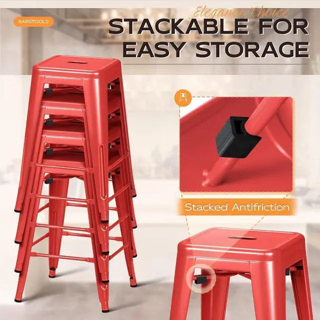 Alt view image 5 of 7 - 24 Inch Metal Bar Stools Set of 4, Counter Height Bar Stools Height High Backless Stools Industrial Stackable Bar Chairs for Dining Room Kitchen Indoor Outdoor Stools Bar Chairs (Red)