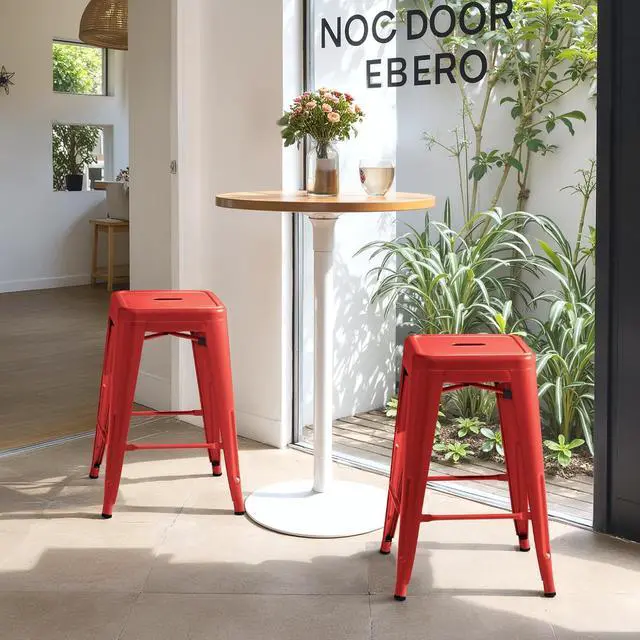 Alt view image 6 of 7 - 24 Inch Metal Bar Stools Set of 4, Counter Height Bar Stools Height High Backless Stools Industrial Stackable Bar Chairs for Dining Room Kitchen Indoor Outdoor Stools Bar Chairs (Red)