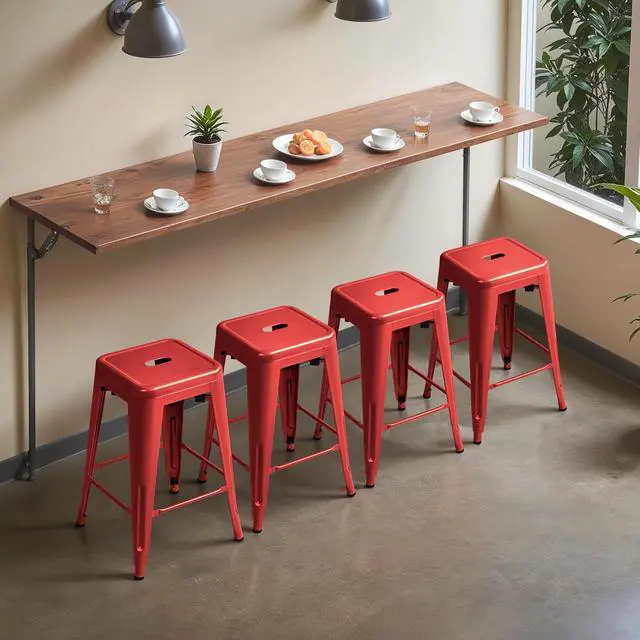 Alt view image 7 of 7 - 24 Inch Metal Bar Stools Set of 4, Counter Height Bar Stools Height High Backless Stools Industrial Stackable Bar Chairs for Dining Room Kitchen Indoor Outdoor Stools Bar Chairs (Red)