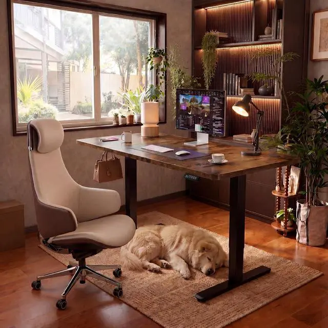 Alt view image 2 of 7 - Electric Height Adjustable Standing Desk Large 48 x 24 Inches Sit Stand up Desk Home Office Computer Desk Memory Preset with T-Shaped Metal Bracke, Brown