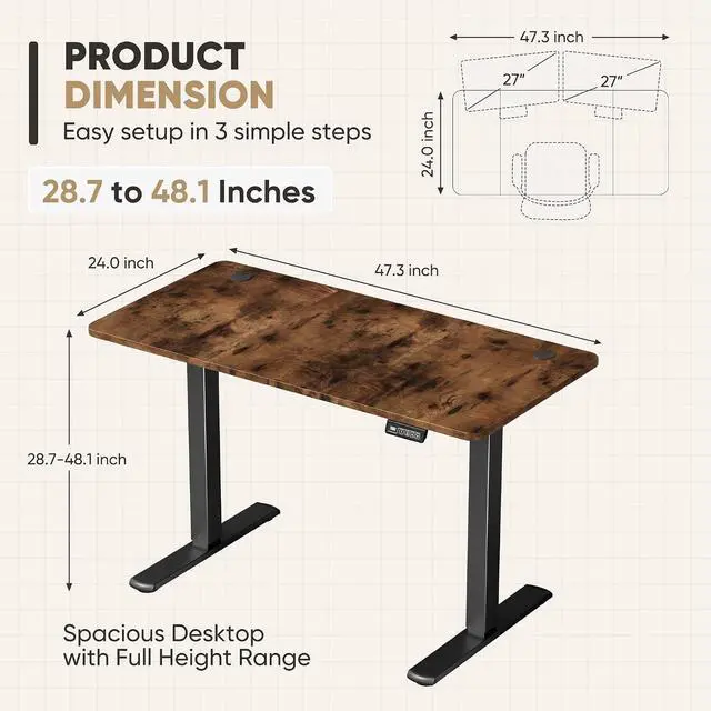 Alt view image 3 of 7 - Electric Height Adjustable Standing Desk Large 48 x 24 Inches Sit Stand up Desk Home Office Computer Desk Memory Preset with T-Shaped Metal Bracke, Brown